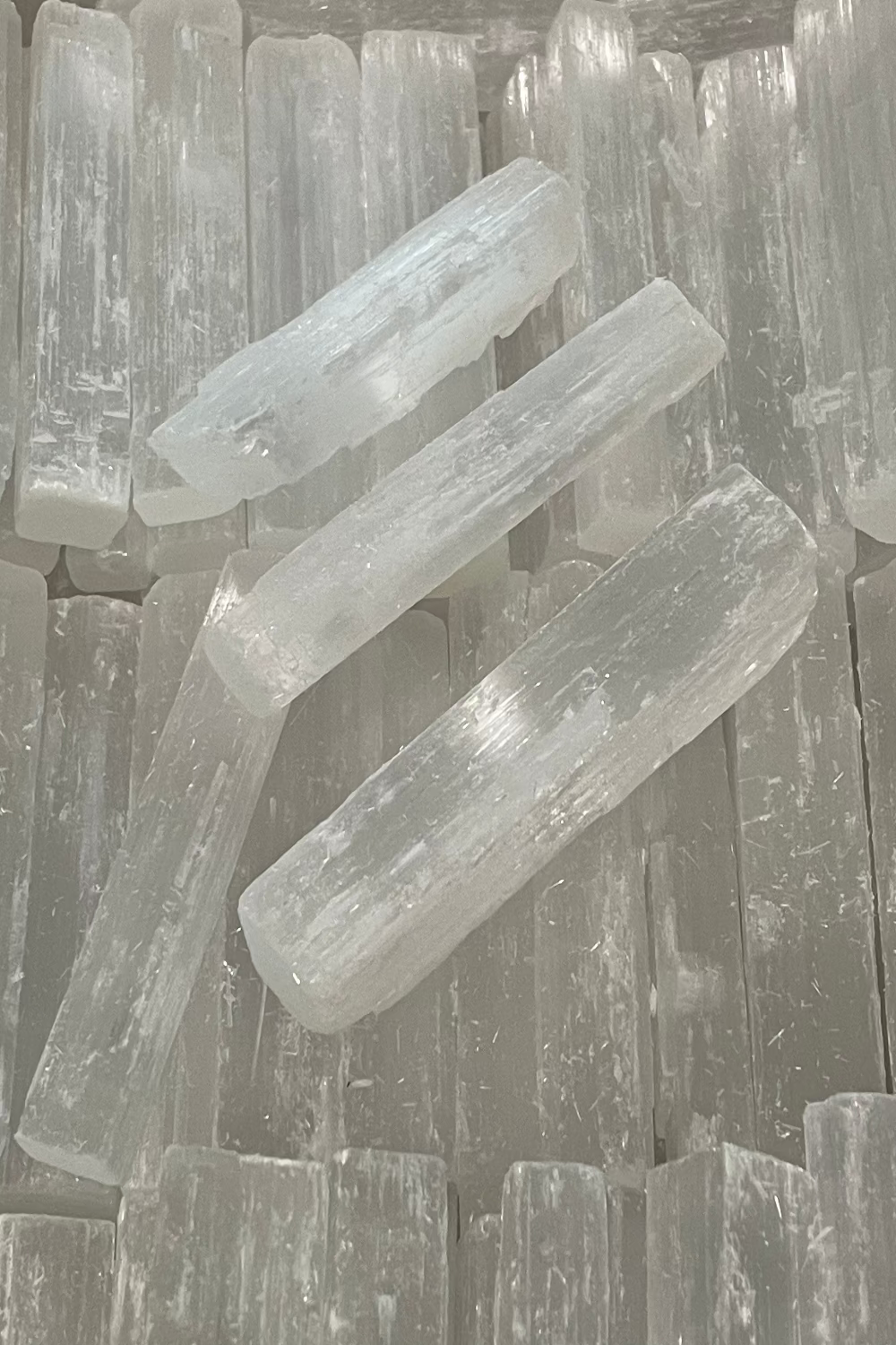 Close-up of satin spar crystal rods 