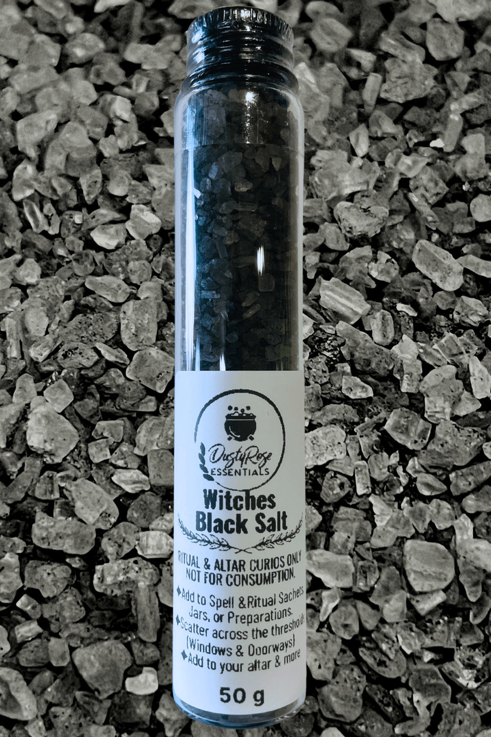 Traditionally Crafted Witches Black Salt 50g in Glass Jar - Dusty Rose Essentials