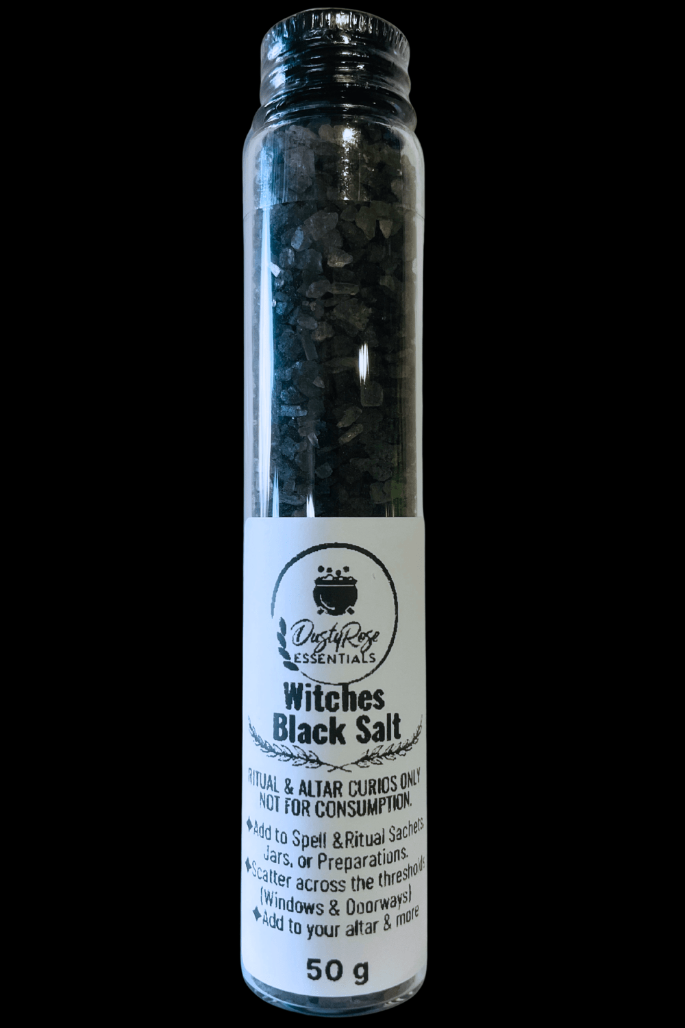 Traditionally Crafted Witches Black Salt 50g in Glass Jar - Dusty Rose Essentials